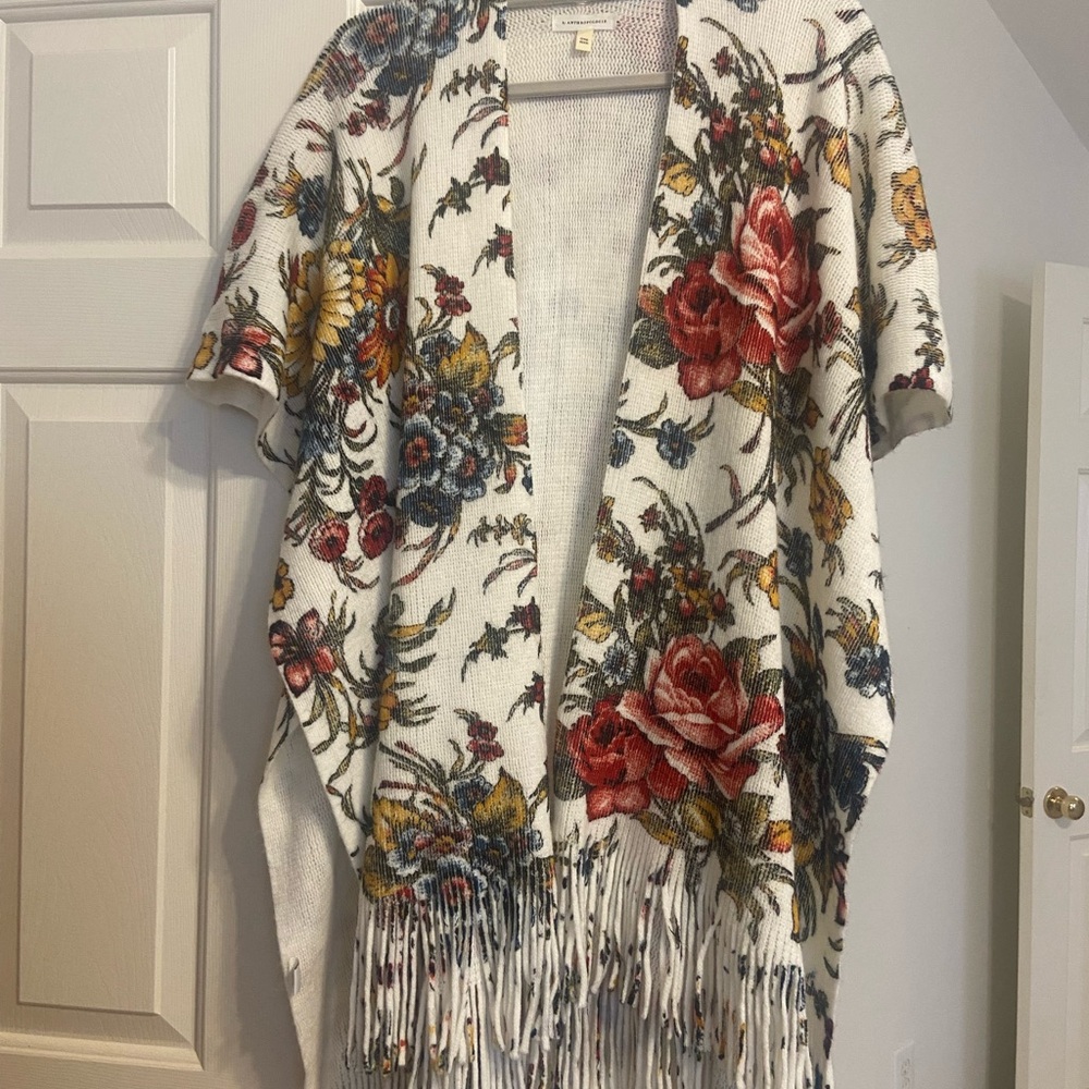 Anthropologie Floral Fringe Cardigan - Red, Yellow, Blue on Cream